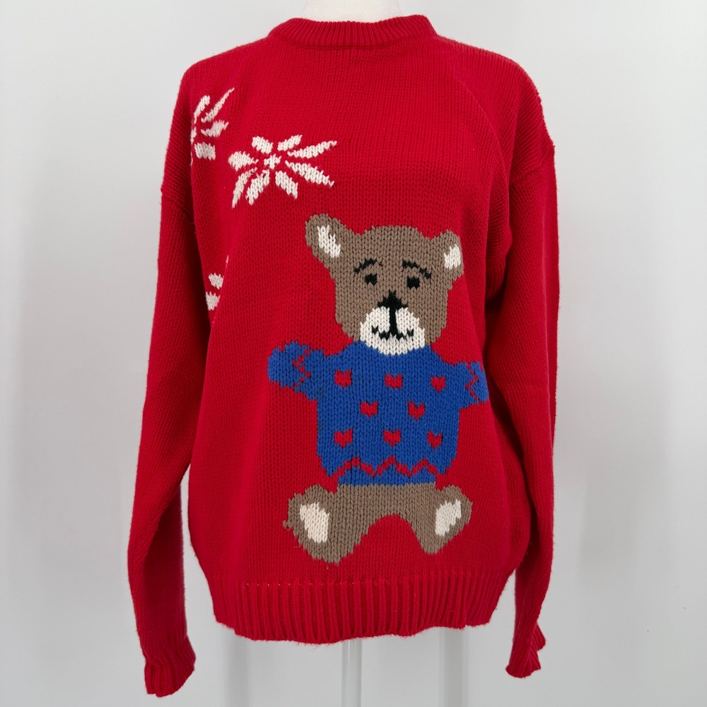 Red Teddy Bear Vintage Robin Ross Winter Knit Sweater Women Large